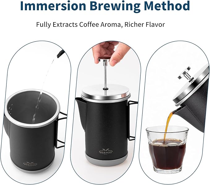 MERMOO YILAN Stainless Steel French Press Coffee Maker Manual Milk Frother 32oz for 4-6 Cup Foldable Handle Insulated Coffee Press Portable for Camping Home Use (Silver)
