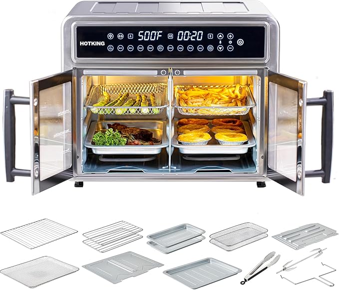 HotKing Dual-Zone Air Fryer Toaster Oven Combo 28 QT Extra Large Non Toxic Stainless Steel Convection Oven with French Door Countertop Airfryer with Window Racks Rotisserie Dehydrator ETL Rated