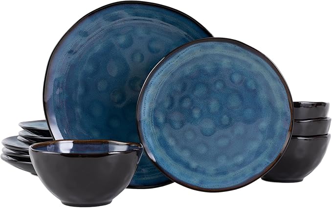 Dinnerware Set Blue 12 Pieces Service for 4 Stoneware Plates and Bowls Set Stoneware Set Dishwasher Microwave Safe Dishes set