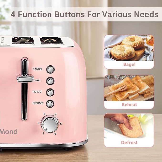 Roter Mond Toaster 4 Slice Retro Stainless Steel with Extra Wide Slots Bagel Defrost Reheat Function Dual Independent Control Panel Removable Crumb Tray 6 Browning Levels Pink