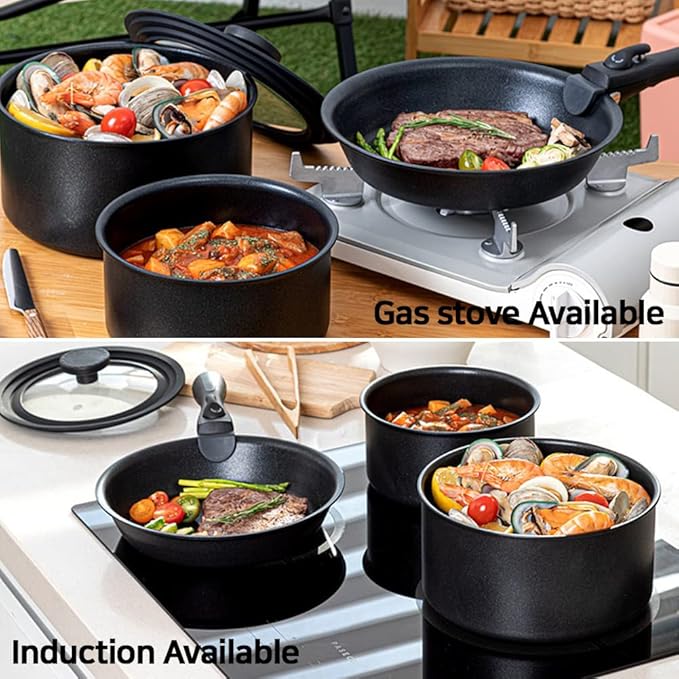 IH titanium coating non stick Induction Cookware Set of 3P with lid &amp magic handle Black