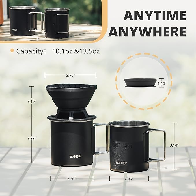 Portable Pour Over Coffee Maker Set Collapsible Silicone Coffee Dripper Set Perfect for Travel Camping Home (BLACK CUP 2CUP)