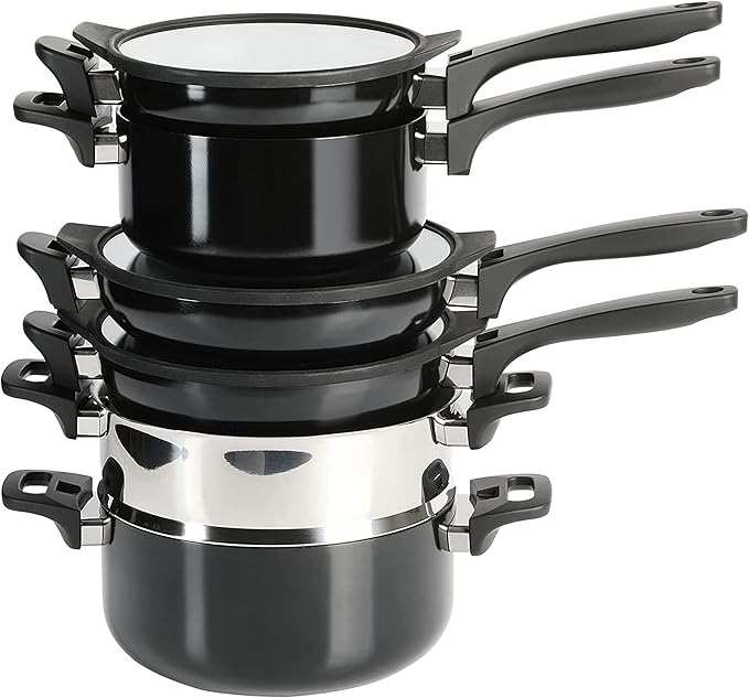 9 Piece Nonstick Stackable Cookware Set in Black Stainless Steel Non-Stick Surface
