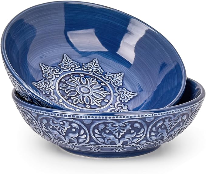 Sungmor Embossed Stoneware Fine Dining Dinnerware Antique Baroque Style Porcelain 8 Inch Large Serving Bowls Set of 2 Sophisticated Ceramic Bowls for Salad Soup Cereal Pasta
