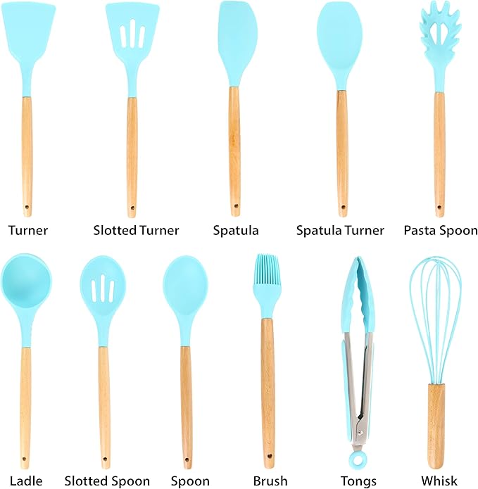 MegaChef Tool Wooden Cookware Utensil Set 12 Piece Light Teal and Wood Texture