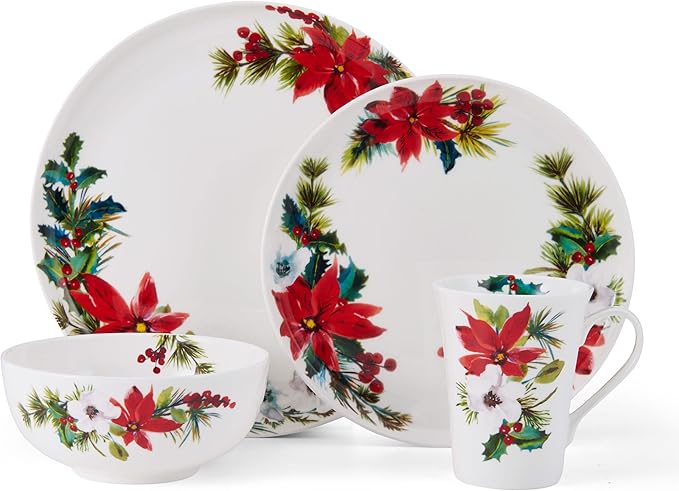 Mikasa Hope Joy Holiday Poinsettia Bone China Lightweight Chip Resistant 16 Piece Dinnerware Set Service for 4 Multicolor