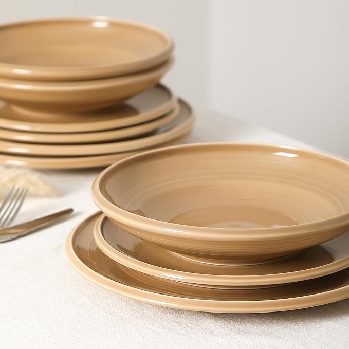 Earth &amp Clay Harmony 24-Piece Dinnerware Stoneware Plates and Bowls Set Includes Dinner and Salad Plates Cereal Bowls Dishwasher and Microwave Safe Dish for 8 Beige