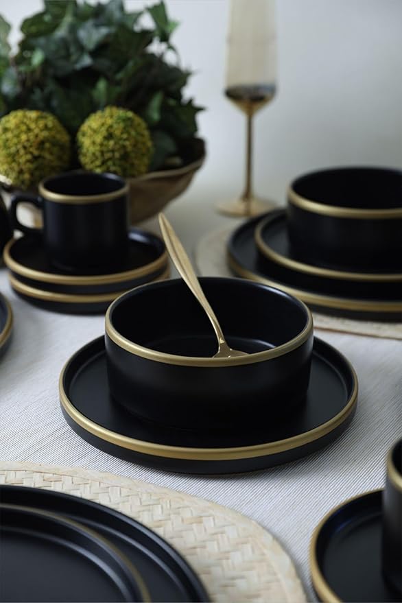 Dinnerware Set - Mat Siyah Gold Fileli Stackable - 20 Pieces - 4 Persons - Stoneware