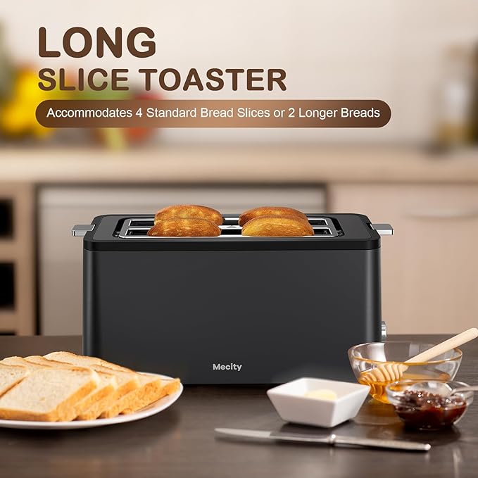 Mecity 4 Slice Toaster Long Slot Toaster with Timer Bagel Defrost Reheat Cancel Functions Warming Rack Removable Tray 6 Browning Settings Extra Wide Slots Stainless Steel 1300W