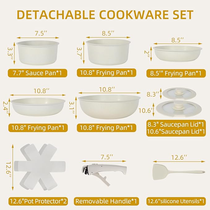 11 PCS pots and pans set pots and pans set non stick Removable Handles Induction and Oven Safe Cookware Set Dishwasher Safe Cream