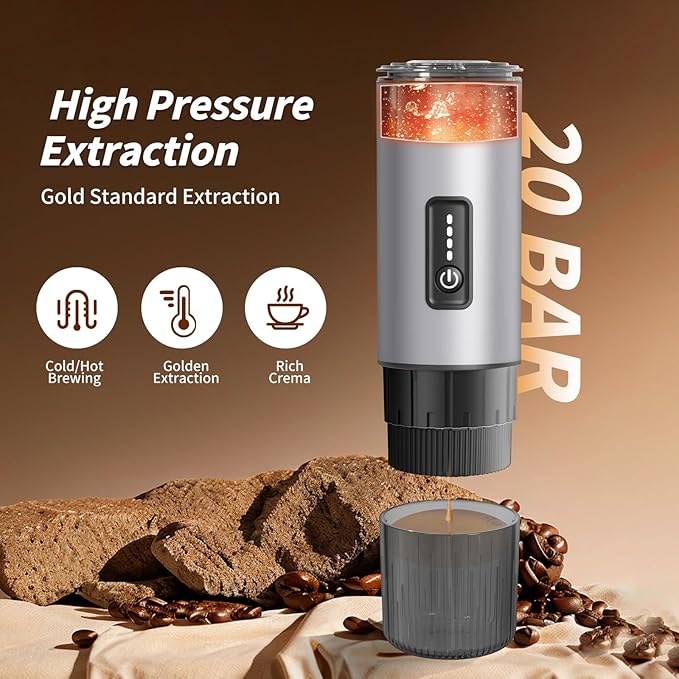 Portable Espresso Maker with Stainless Steel Body | 7500mAh Rechargeable Battery | 20 Bar Self-Heating with USB-C | Works with Most Capsules Compatible for Camping Travel Outdoor (Silvery)