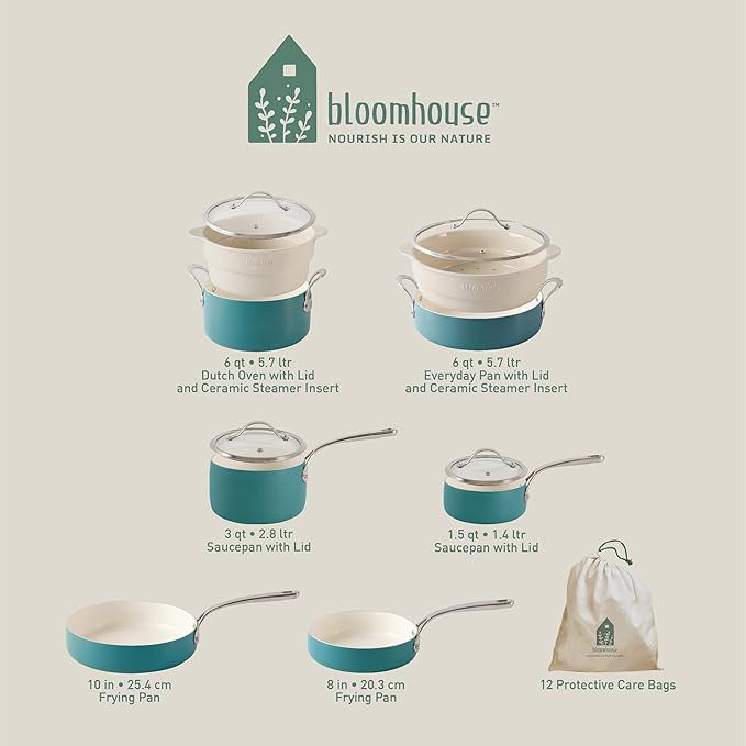 Bloomhouse 12 Piece Aluminum Pots and Pans Cookware Set w/Non-toxic Ceramic Non-stick Ceramic Steamer Insert &amp 12 Protective Care Bags - Agave Blue