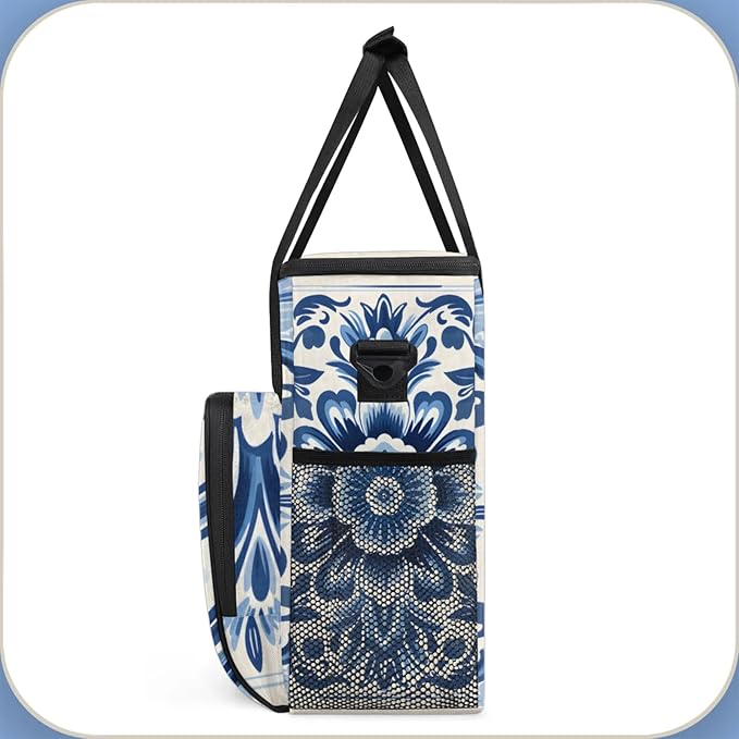 Blue Floral Printed Coffee Maker Travel Bag for Keurig K-Mini/K-Mini Plus Insulated Waterproof Tote with Pockets for K-Cup Portable Single-Serve Brewer Case