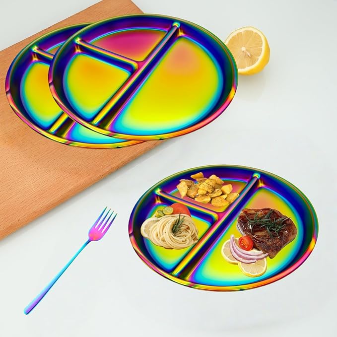 12-Piece Stainless Steel Rainbow Dinnerware Sets for 4 Unbreakable Reusable Divided Plates Bowls Cups Round Dishwasher Safe for Kitchen Camping Picnic RV