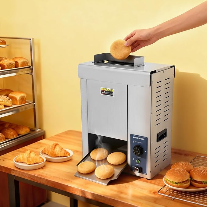 Commercial Burger Toaster 2000W Adjustable Temp Stainless Steel Burger Toaster 6 Adjustable Settings Burgers Bread Thickness for Home Kitchens Bakeries Restaurants Burgers Bars
