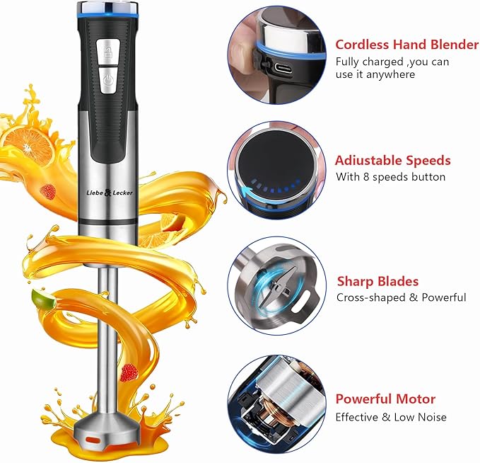 Liebe&ampLecker Immersion Blender Handheld Cordless 3 in 1 Cordless Hand Blender 8 Speed Emulsion Blender Handheld with Whisk Milk Frother for Soup Smoothie