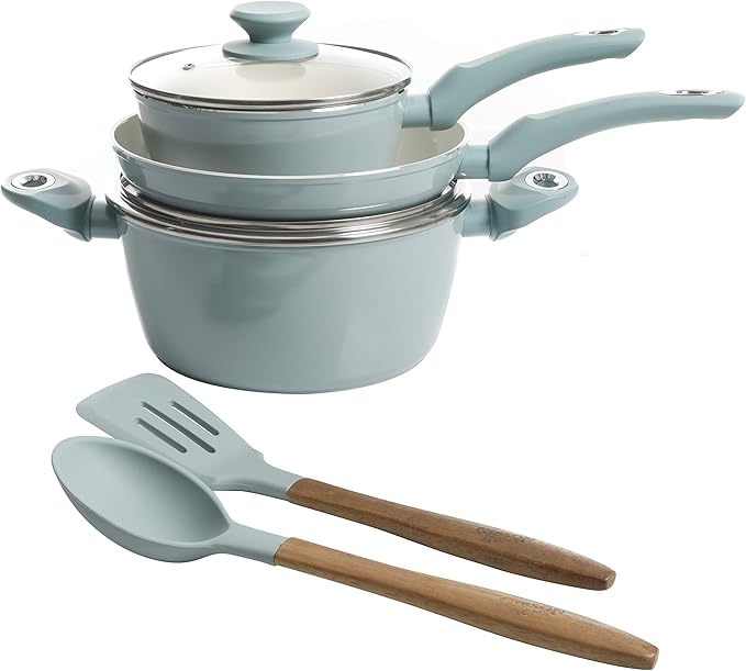 Gibson Home Plaza Café Forged Aluminum Healthy PFA-Free Ceramic Pots and Pans Cookware Set 7-Piece Set Sky Blue