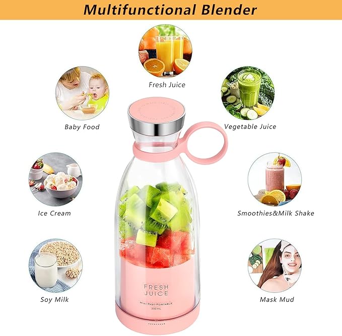 Personal Portable Blender 350ml USB Rechargeable Smoothie Maker with Stainless Steel Blade BPA-Free &amp Easy Clean Compact Travel Cup for Gym Office Home - Pink