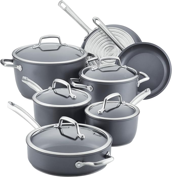 Anolon Accolade Forged Hard Anodized Nonstick Cookware Pots and Pans Set 12 Piece - Moonstone Gray + Anolon Gourmet Nonstick Bakeware Set with Nonstick Cookie Sheets / Baking Sheets - 3 Piece Graphi