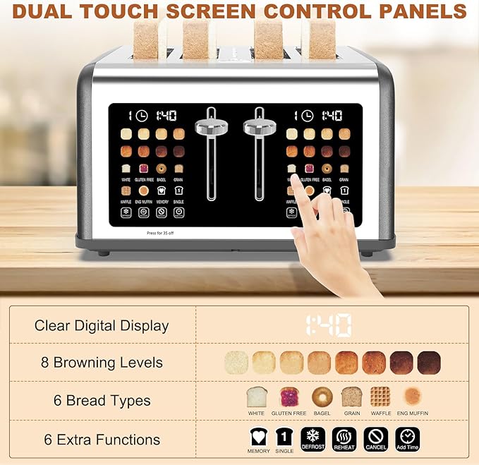 4 Slice Toaster Touch Screen Stainless Steel Toasters Digital Timer Dual Control Panel Toasters 8 Shade Settings 6 Bread Types for Bagel Cancel Defrost 1650W Grey