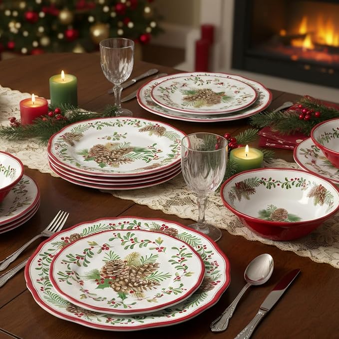 UPware 12 Piece Pinecones Melamine Dinnerware Sets Outdoor Dishes Set Plates and Bowls Sets Christmas Decorations Service for 4 Red