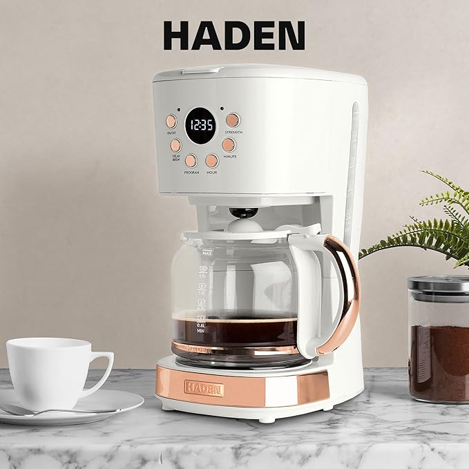 HADEN Coffee Machine 12 Cup Drip Coffee Maker Bundled with Heritage 1.7 Liter Stainless Steel Electric Kettle Ivory &amp Copper