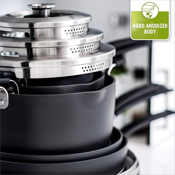 GreenPan Levels Stackable Hard Anodized Healthy Ceramic Nonstick 11 Piece Cookware Pots and Pans Set PFAS-Free Dishwasher Safe Black