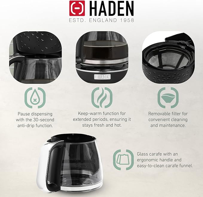 HADEN Starbeck Coffee Machine 10 Cup Automatic Drip Coffee Maker with Anti-Drip Function and Reusable Washable Water Filter Black &amp Chrome