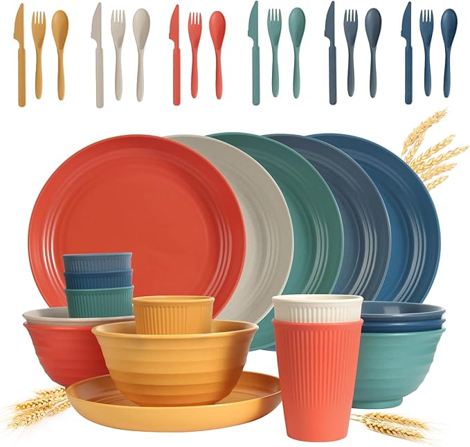 Wheat Straw Dinnerware Sets 36 Piece Unbreakable Dinnerware Sets Reusable Wheat Straw Plates and Bowls Sets Travel Camping Cutlery Set Dishwasher Microwave Safe Dinnerware Colourful