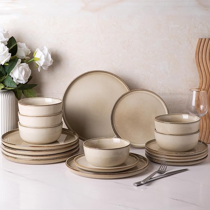 AmorArc Ceramic Dinnerware SetsHandmade Reactive Glaze Plates and Bowls SetsHighly Chip and Crack Resistant | Dishwasher &amp Microwave Safe Dishes Set Service for 4 (16pc)