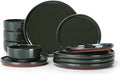 E-far Stoneware Dinnerware Sets for 4 12 Pieces Reactive Glaze Plates and Bowls Sets Elegant Dishes with Rustic Terracotta Base Dishwasher &amp Microwave Safe Scratch Resistant Blackish Green