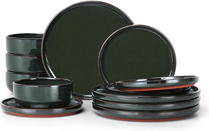 E-far Stoneware Dinnerware Sets for 4 12 Pieces Reactive Glaze Plates and Bowls Sets Elegant Dishes with Rustic Terracotta Base Dishwasher &amp Microwave Safe Scratch Resistant Blackish Green