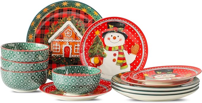 Hasense 12 Pieces Christmas Dinnerware Set Ceramic Dish Plates and Bowls Red &amp Green Design Dinnerware Sets for 4 Dishwasher &amp Microwave Safe Dishes Ideal for Christmas Gift