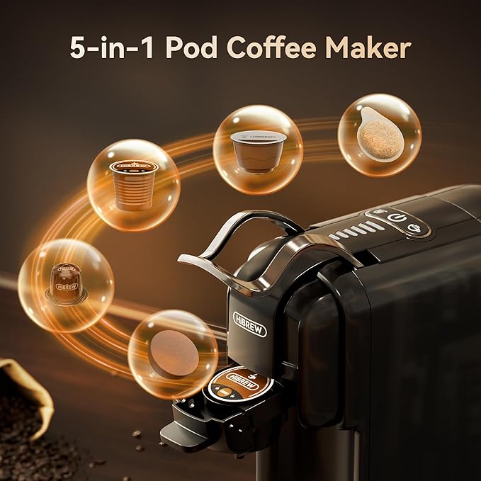 HIBREW H2B 5-in-1 Pod Coffee Maker - Compatible With 4 Coffee Capsule as Well as Espresso Powder Makes Iced Coffee Espresso Cappuccino Long Black. Hotel Kitchen Coffee Machine