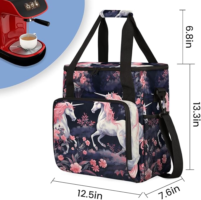 Beautiful Unicorn Coffee Maker Carrying Bag Flower Unicorn Travel Storage Bag Compatible with K-Mini or K-Mini Plus Single Serve Coffee Brewer Carrying Case with Multiple Pockets &amp Shoulder Stra