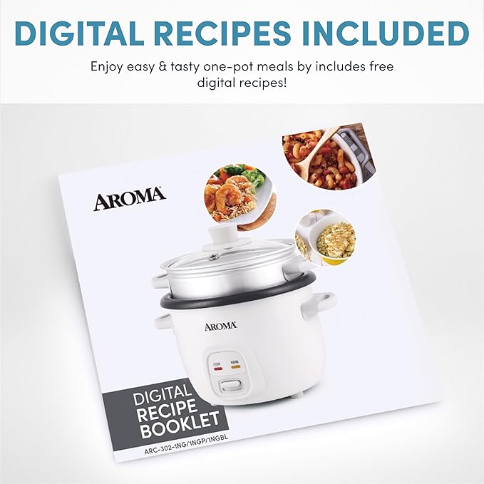 AROMA® Rice Cooker 2-Cup (Uncooked) / 4-Cup (Cooked) Steamer Grain Cooker Soup Maker Oatmeal Cooker Auto Keep Warm 1 Qt White ARC-302-1NG