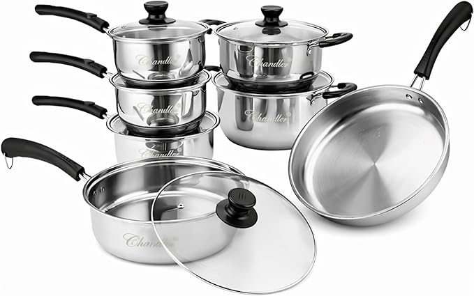 Chandler Stainless Steel Cookware Set 13-piece Pots and Pans with Tempered Glass Lid - Cooking Set with Deep Pans Saucepans &amp Pots Compatible for Family Meals (13-Pieces Stainless Steel)