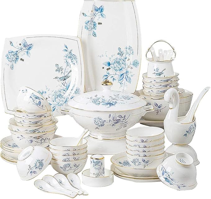 65 pcs Dinnerware Set Serves for 10 People Line Drawing Decoration Bone China Tableware SetPremium Quality Porcelain Dishes/Plate/BowlDishwasher &amp Microwave SafeBlue (63pcs Serves for 10)
