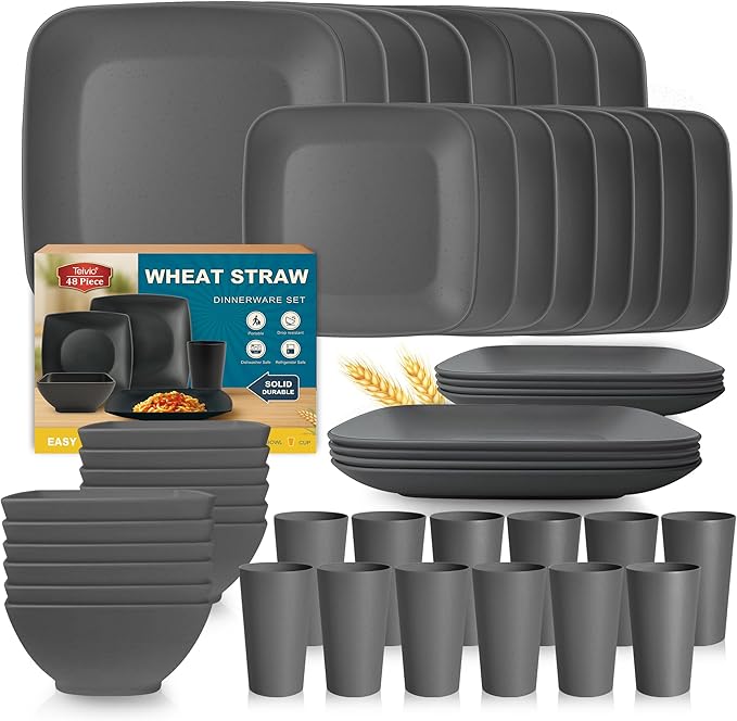 Teivio 48-piece Wheat Straw Square Dinnerware Set for 12 Unbreakable Dinner Plates Salad Plates Snack Bowls Tumblers 20 oz Dishwasher Safe Grey