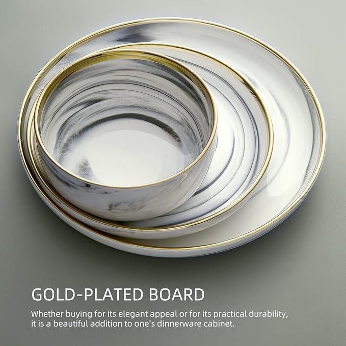 Marble Gold Rim Dinnerware Sets Porcelain Plates and Bowls Sets Modern Luxury Dish Set for 4 White Grey China Dinner Set for Special Occasions Hand Wash Quickly
