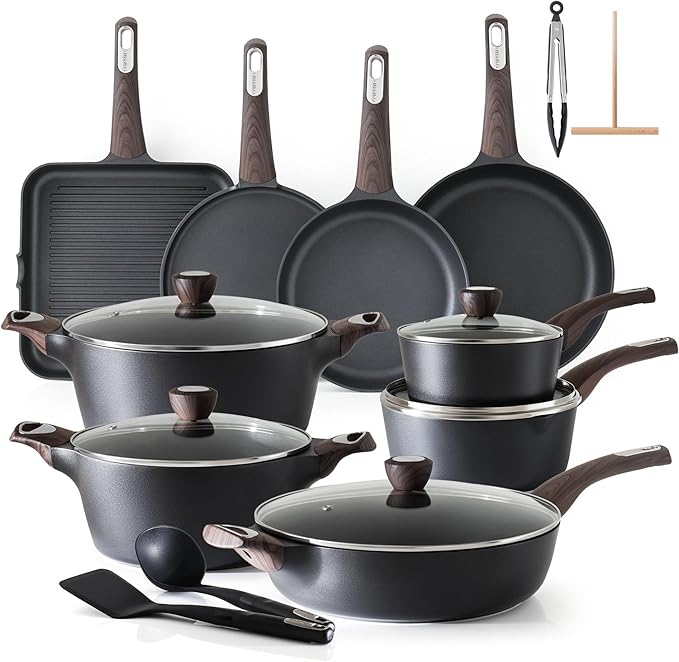 SENSARTE Pots and Pans Set Non stick Non toxic Healthy Induction Cookware Sets 26 Pcs Nonstick Kitchen Cooking Set w/Frying Pans Set Saucepans Set Stockpots Set PFOA PFOS Free Black