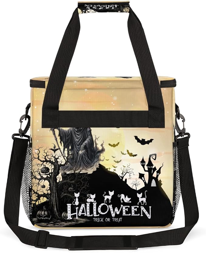 Halloween Skull Scythe Bat Coffee Maker Carring Bag Travel Carrying Storage Tote Bag Compatible with Keurig K-Mini or K-Mini Plus Portable Single Serve Coffee Brewer Case with Pockets for K-cup Pods