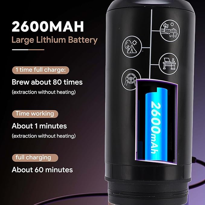 17Bar Cordless Design Pressure Coffee Maker with 2600mAh Battery for Travel Camping Portable Electric Coffee Machine Simple and Efficient Powder and Capsules Compartment
