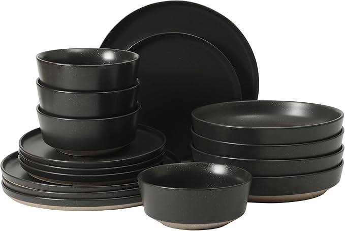 Gibson Elite Overbrook 16-Piece Pottery Clay Stoneware Dinnerware Set – Black Reactive Glaze Stackable Plates and Bowls W/Pasta Bowl Service for 4 – Microwave &amp Dishwasher Safe