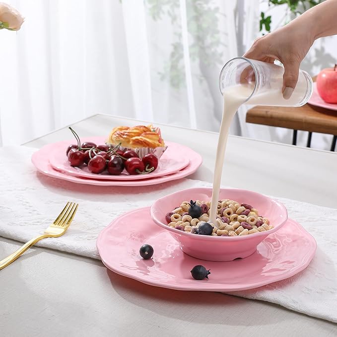 18 Piece Pink Dinnerware Set Lightweight Kitchen Dining Plates and Bowls Set Durable Melamine Dishes Set of 6 Unbreakable RV Camping Dishes Dishwasher Safe