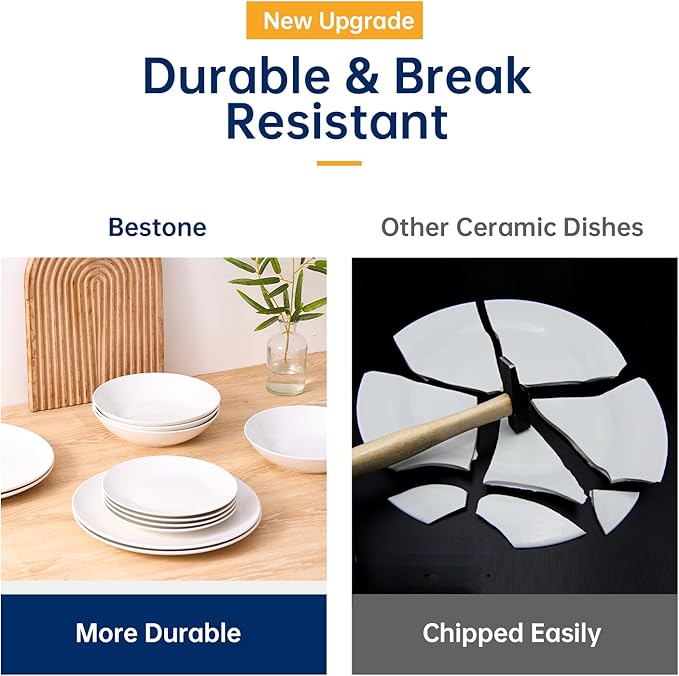 Bestone 12-Piece Round Porcelain Dinnerware Set Service for 4 Chip Resistant Plates and BowlsWhite Dishwasher &amp Microwave Safe for Home Daily Use
