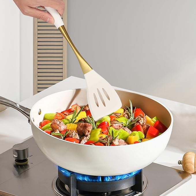Elegant White Gold Silicone Cooking Utensils Set - Non-Toxic Dishwasher Safe Kitchen Utensils Set with Heat Resistant Comfort Handles - Includes Spatula &amp Spoon for Nonstick Cookware