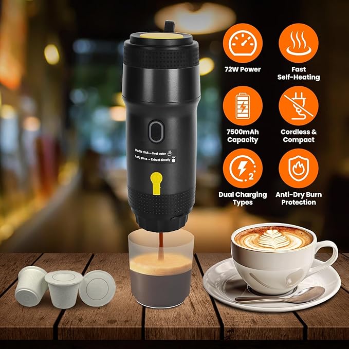 KOCASO Portable Electric Espresso Machine Cordless Coffee Maker Self-Heating Car Espresso Maker with Anti-Dry Burn Fit for Ground Coffee/NS/DG Capsules for Car Camping Hiking RV Home Office