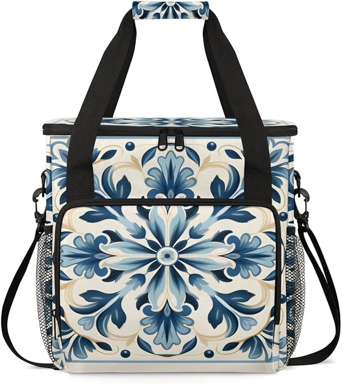 Blue Flower Coffee Maker Travel Bag for Keurig K-Mini/K-Mini Plus Insulated Waterproof Tote with Pockets for K-Cup Portable Single-Serve Brewer Case