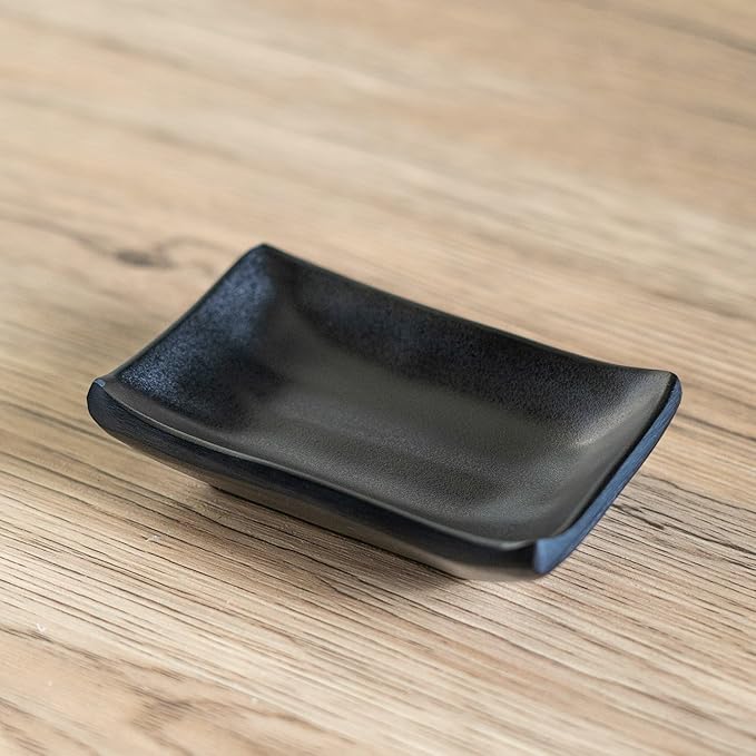 Ebros Gift Contemporary Ridged Matte Black Melamine Series Dinnerware Serveware Kitchenware Set Japanese Chinese Restaurant Supply (Pack Of 6 Rectangular Condiment Sauce Dish 2oz)